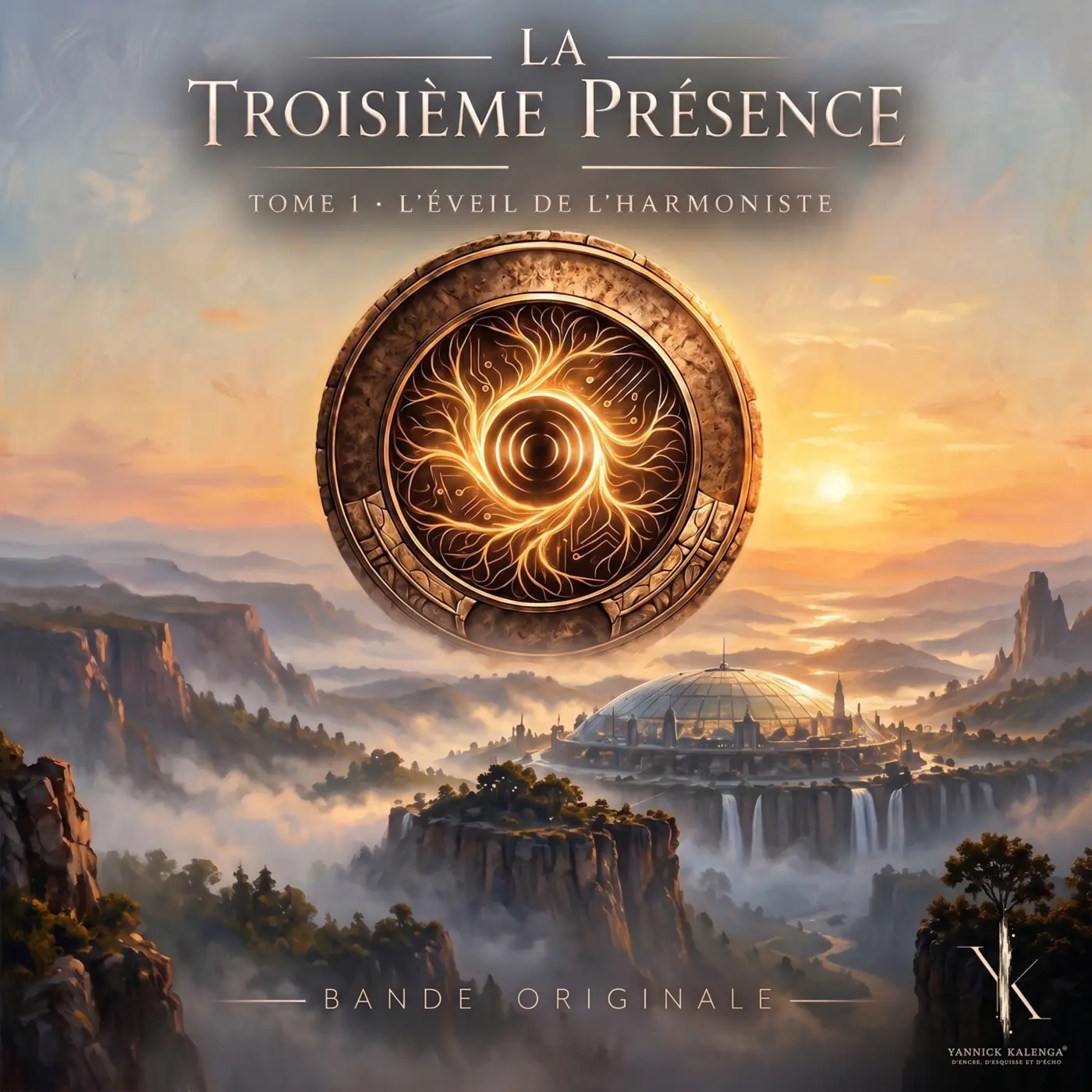 Pochette de la bande originale de La Troisième Présence, Tome 1 : un disque gravé de racines lumineuses flotte au-dessus d'une cité sous dôme, dans les brumes d'un lever de soleil