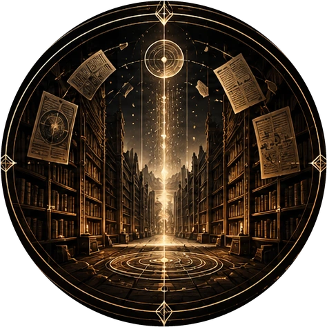 Allée de bibliothèques où flottent des feuillets de schémas.