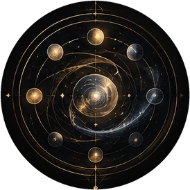 Spirale sombre entourée d'orbes dorés disposés en cercle.