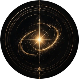 Éclat de lumière dorée au centre d'un cercle gravé, traversé d'une ellipse.