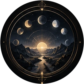 Phases de la lune au-dessus d'une vallée traversée par une rivière.
